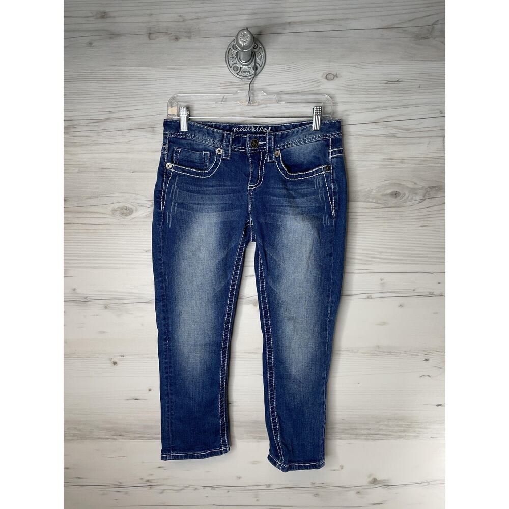 Maurices Capri‎ Jeans Juniors 3/4 Blue Stretch Sequin Pockets Cropped Whiskered